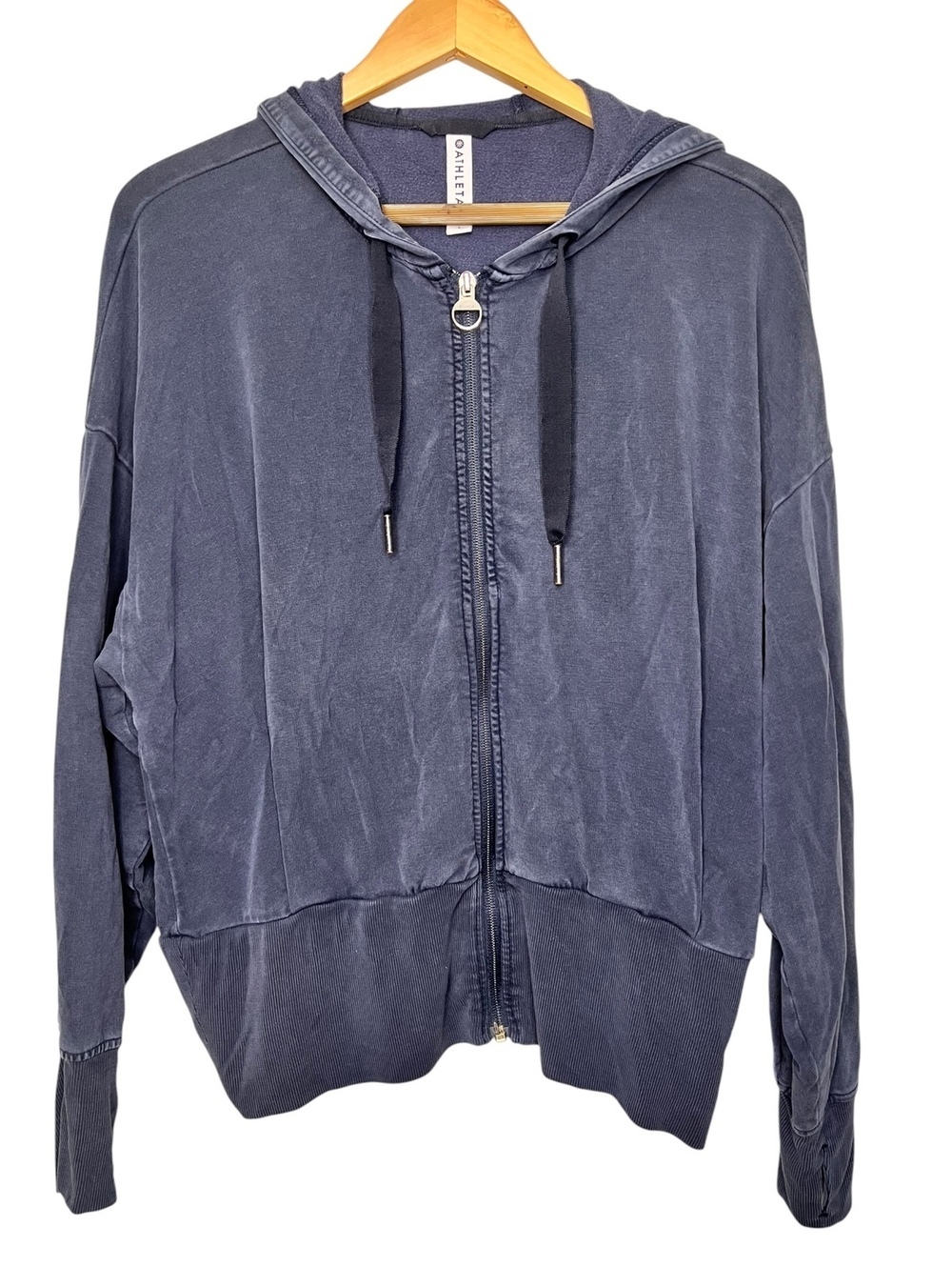 Athleta Balance Full Zip Hoodie Sweatshirt Large L Dark Gray Washed Thumbholes